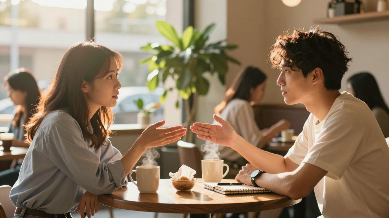 Casal jovem a conversar num café com chá quente, em ambiente iluminado e acolhedor.