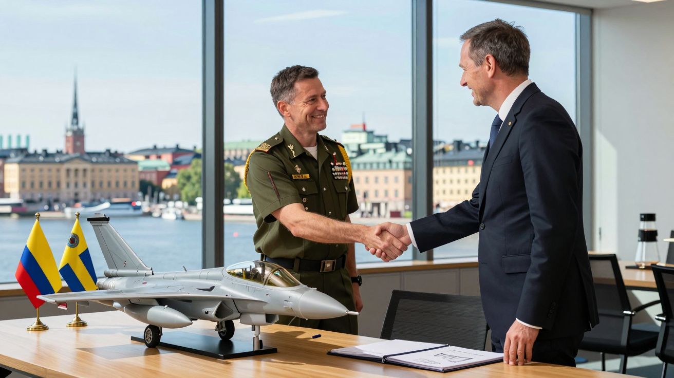 Dois homens a cumprimentarem-se junto a uma mesa com uma miniatura de avião e bandeiras da Colômbia e Suécia.