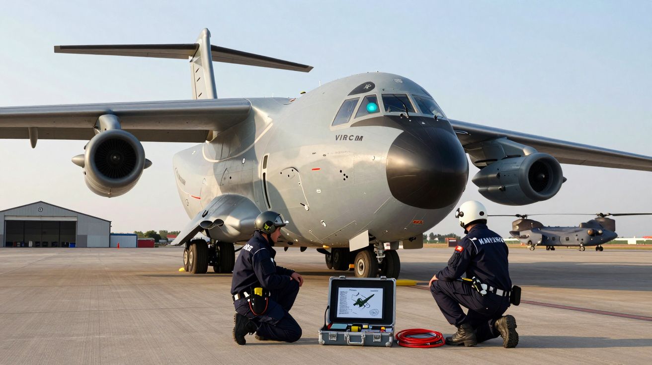 Dois técnicos em uniforme junto a equipamento no solo à frente de avião militar cinzento estacionado em pista.