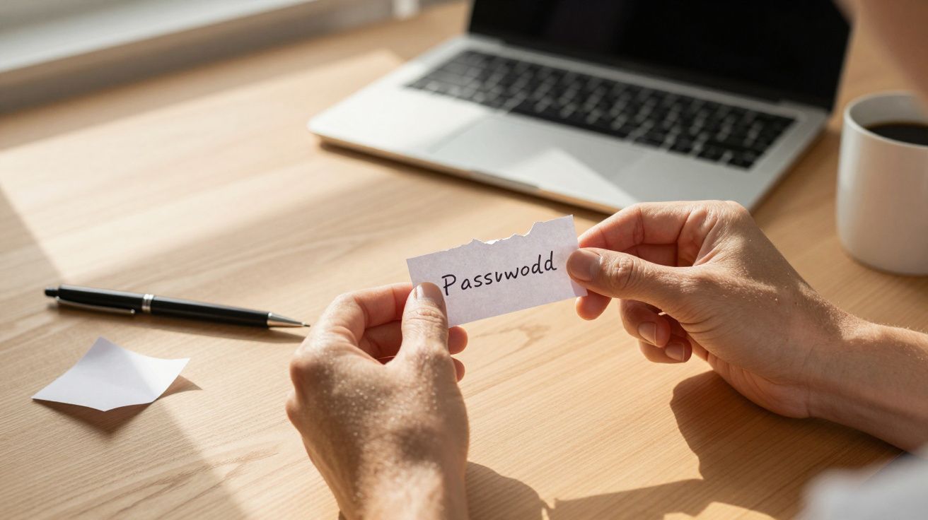 Mãos seguram um papel com a palavra "Passwodd" escrita, sobre mesa com caneta, laptop e chávena.