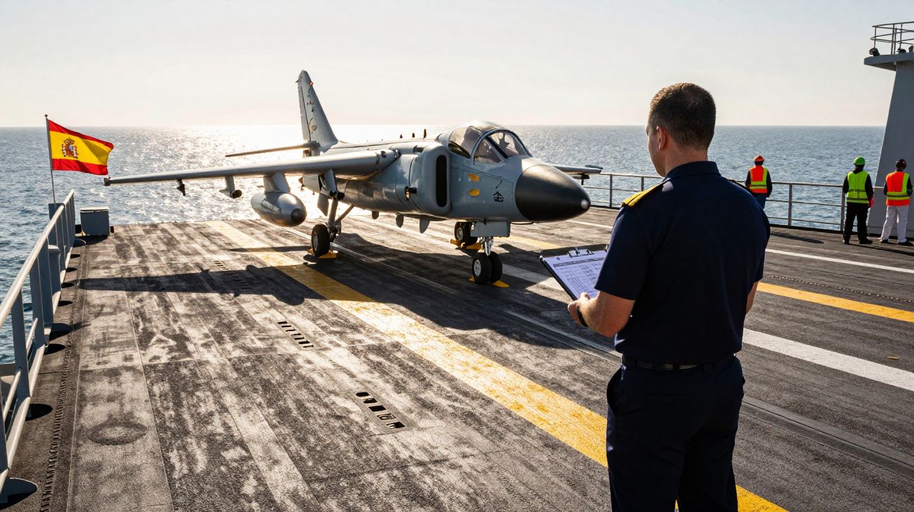 Avião militar estacionado no convés de porta-aviões com oficial a observar e bandeira de Espanha ao fundo.
