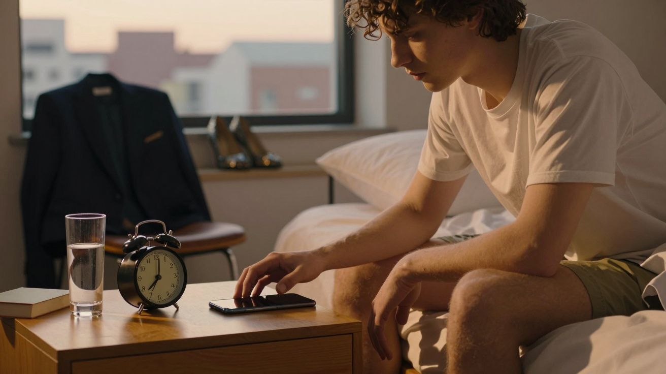 Jovem sentado na cama a pegar no telefone ao lado de um relógio despertador, copo de água e livro.
