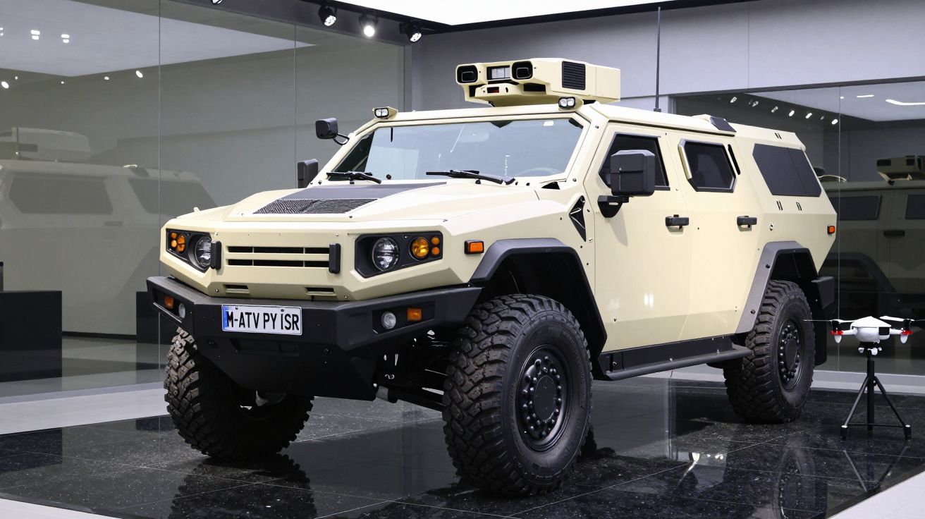 Veículo blindado de cor bege exposto em sala com chão preto e paredes espelhadas.