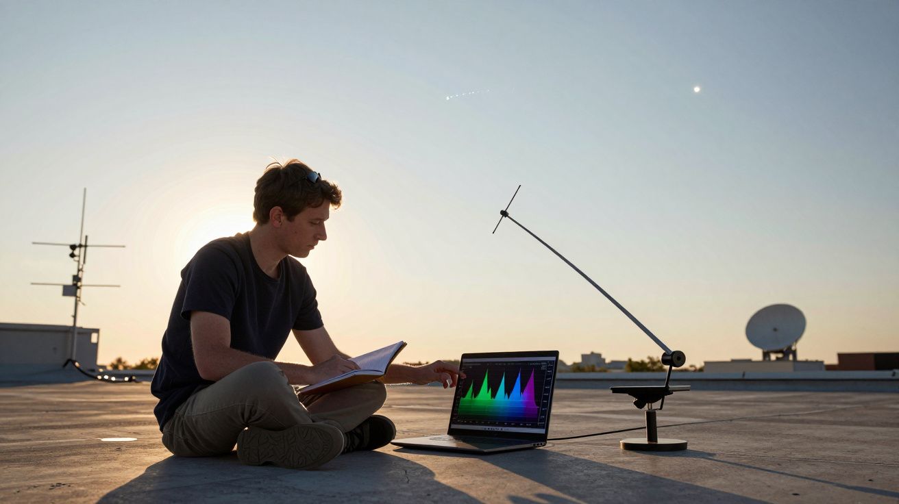 Homem sentado no chão ao pôr do sol com livro, laptop e antena para análise de dados.