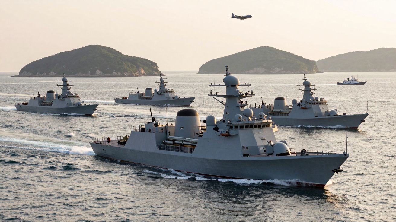 Quatro fragatas militares a navegar em formação no mar com duas ilhas ao fundo e um avião no céu.