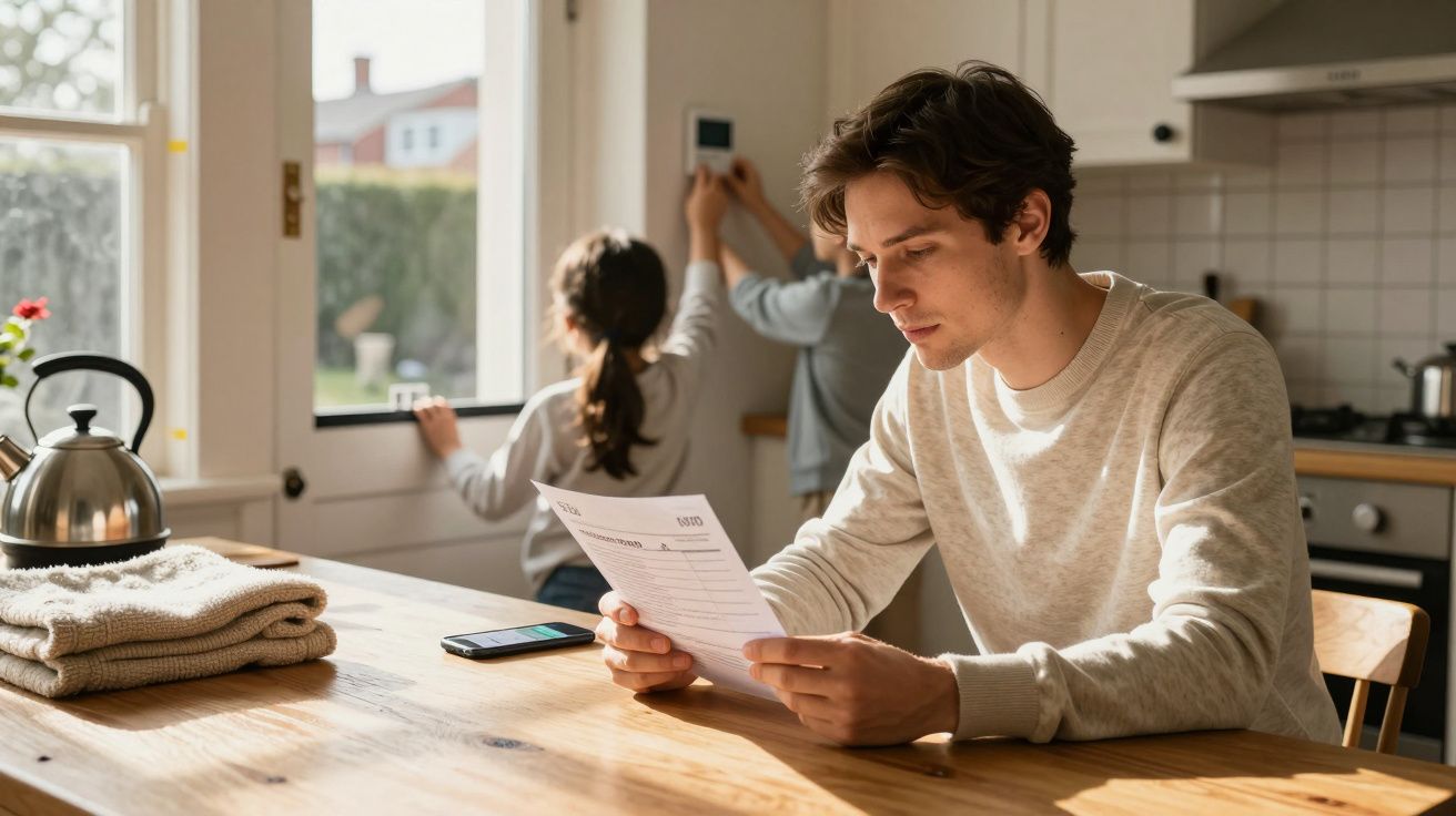 Homem sentado à mesa a analisar uma fatura enquanto criança ajusta termóstato na cozinha iluminada.