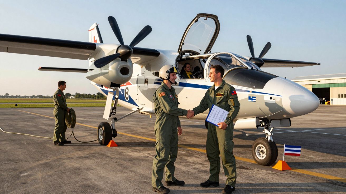 Dois pilotos de uniforme verde apertam as mãos junto a um avião de asa alta estacionado num aeroporto sob céu limpo.