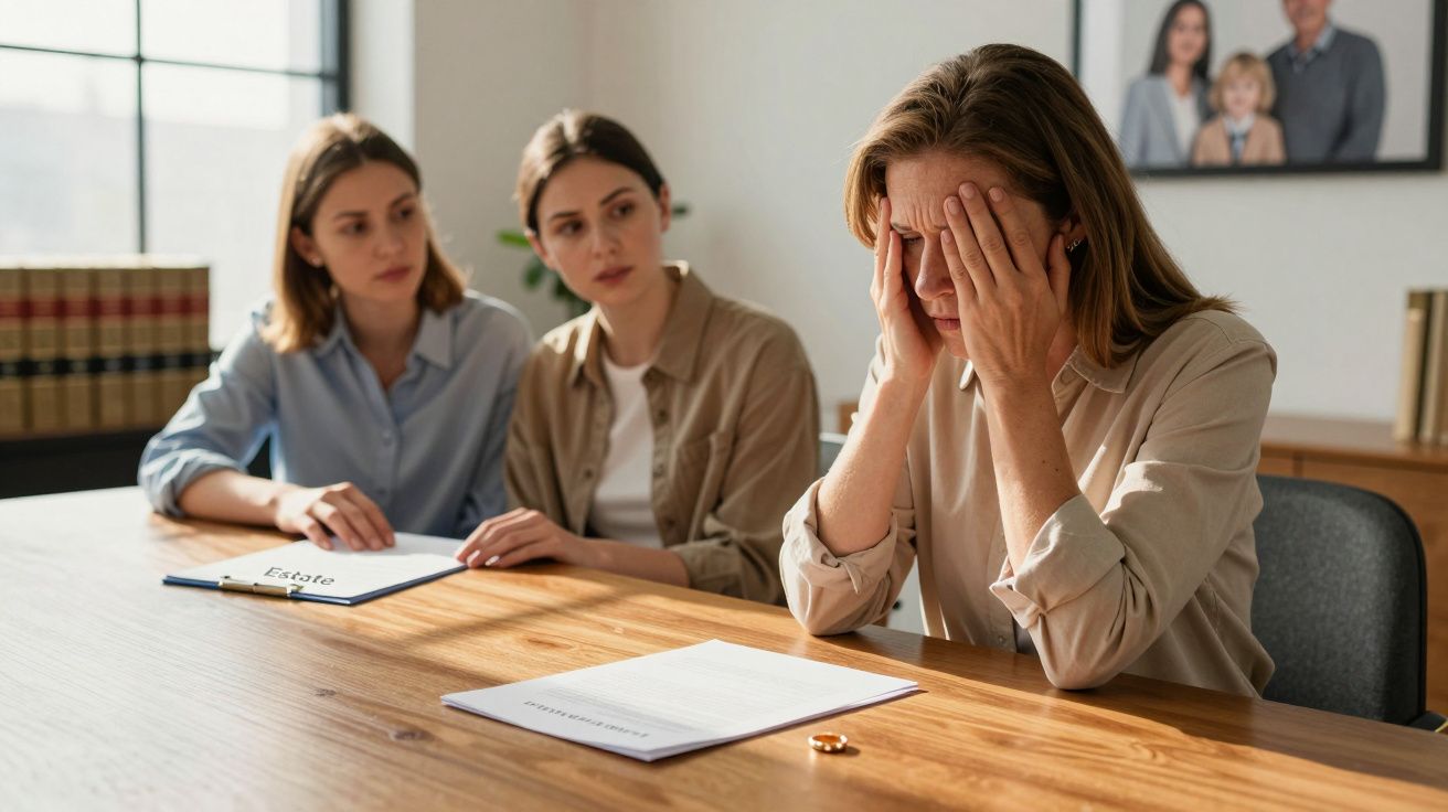 Mulher triste com mãos no rosto numa mesa com documento e anel, duas mulheres ao fundo a observar preocupadas.