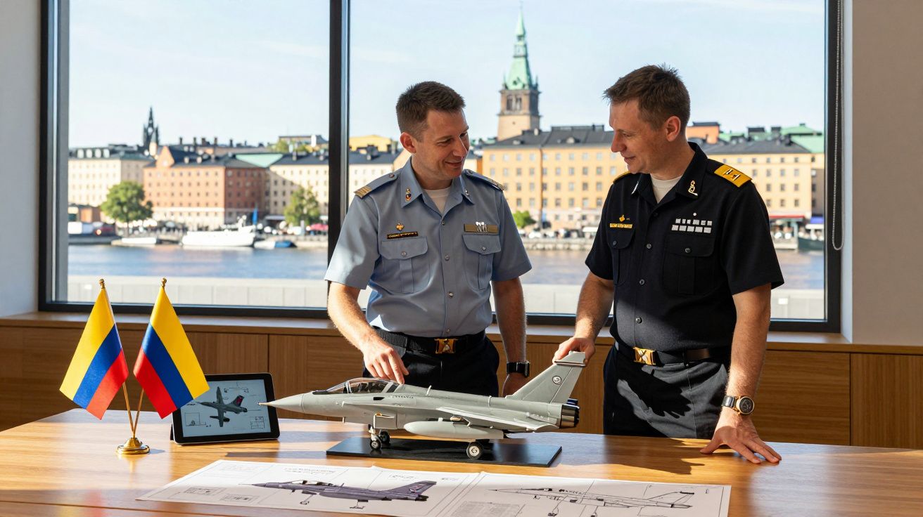 Dois militares em uniforme discutem modelo de avião de combate numa sala com vista para o rio e edifícios urbanos.