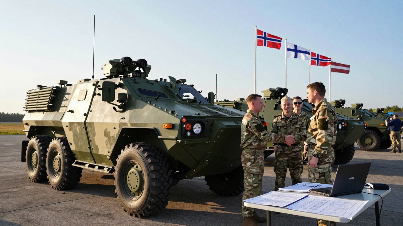 Veículo militar blindado com soldados ao lado e bandeiras da Noruega, Finlândia e Letónia ao fundo.