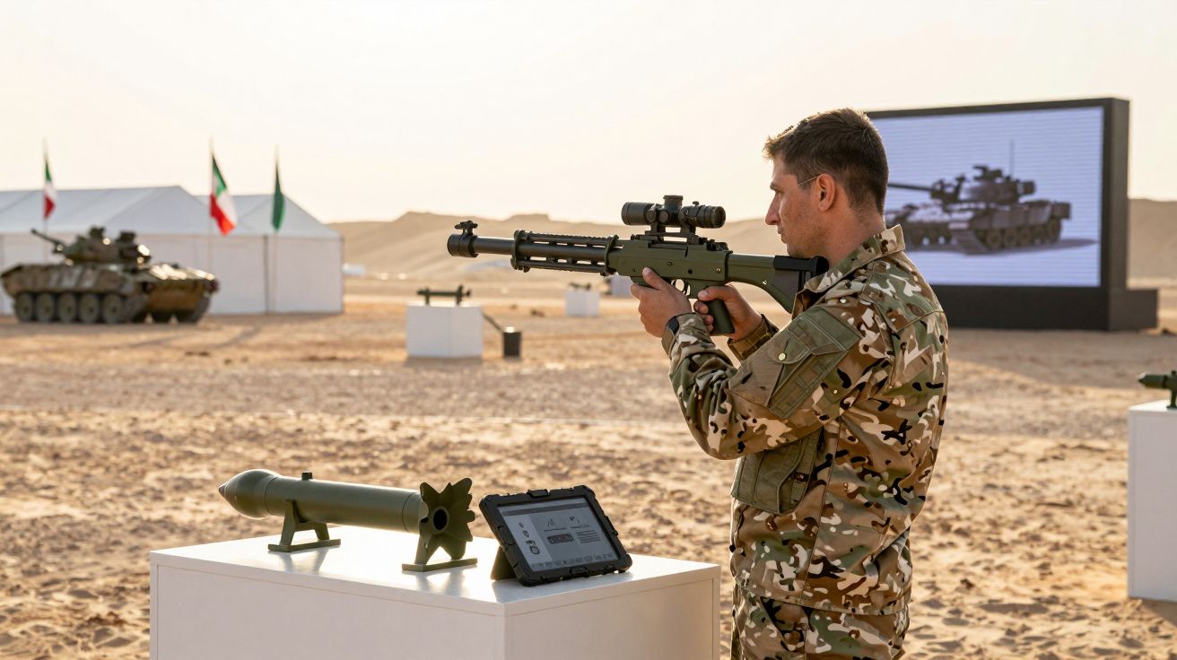 Militar em uniforme camuflado manuseia arma com mira ótica numa exposição militar ao ar livre.