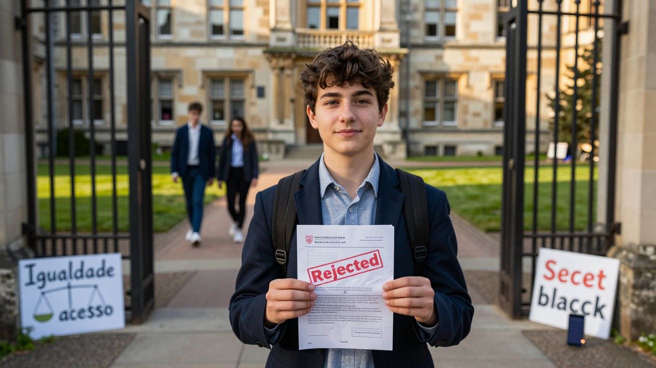 Jovem segurando carta de rejeição à entrada de universidade, com cartazes sobre igualdade e segredo ao fundo.