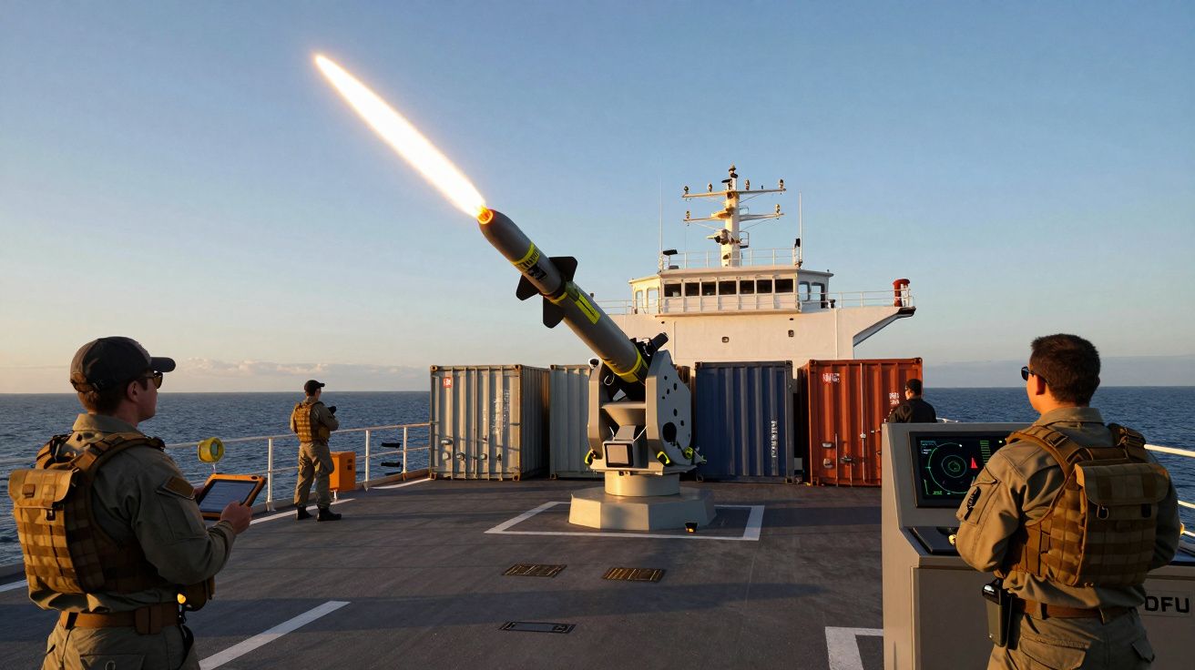 Navio militar no mar disparando míssil com soldados em plataforma de controlo.