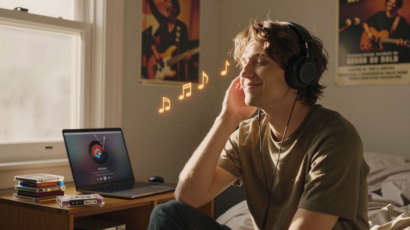 Jovem sentado a ouvir música com auscultadores num quarto iluminado, com laptop e posters musicais ao fundo.