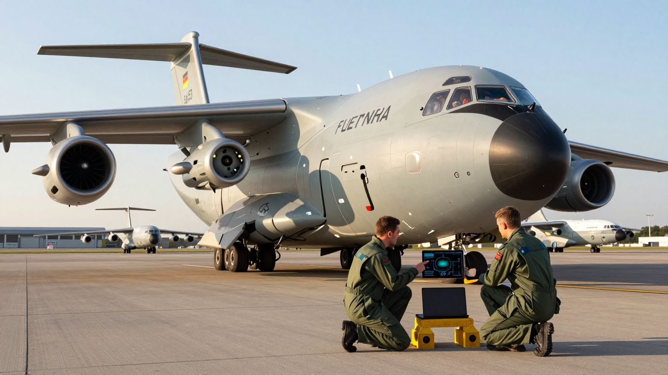 Avião militar estacionado com dois técnicos em fatos verdes trabalhando com equipamentos eletrónicos no solo.