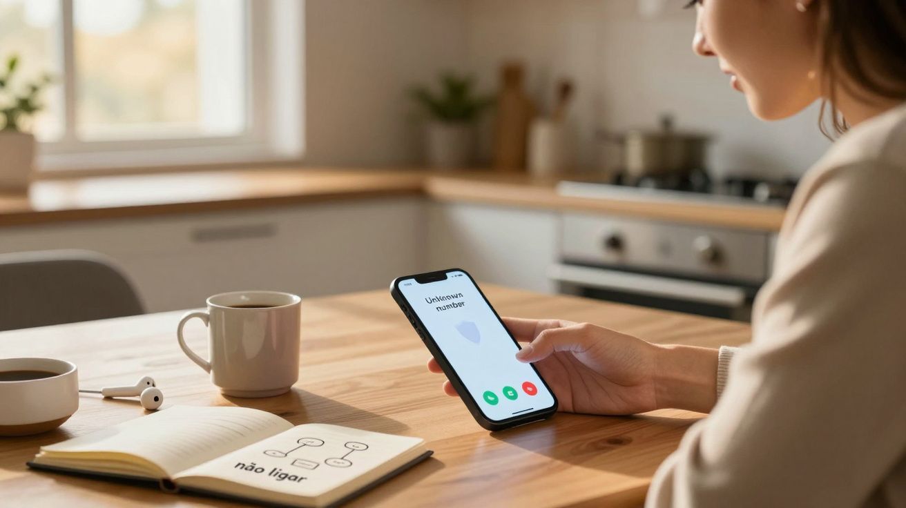 Mulher sentada à mesa da cozinha com telemóvel a receber chamada de número desconhecido.