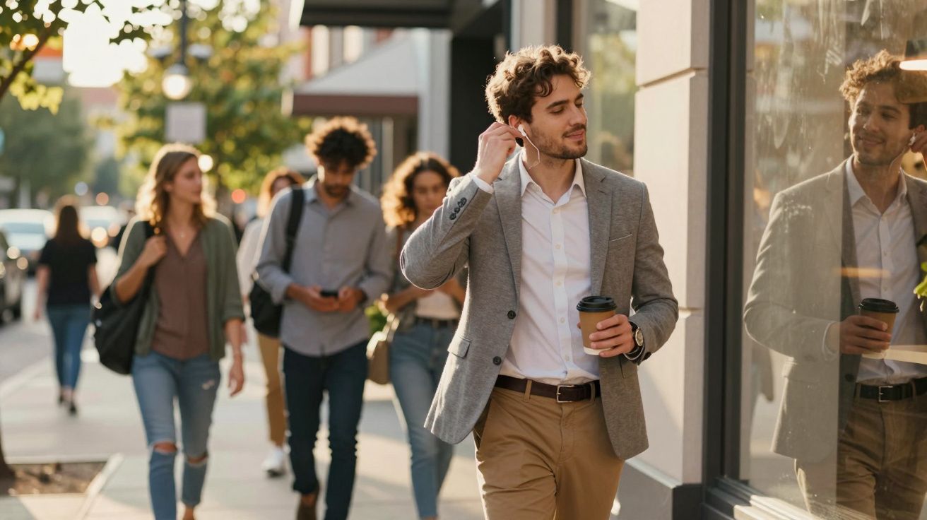 Homem jovem a caminhar na rua com café e a colocar auscultadores, seguido por grupo de pessoas.