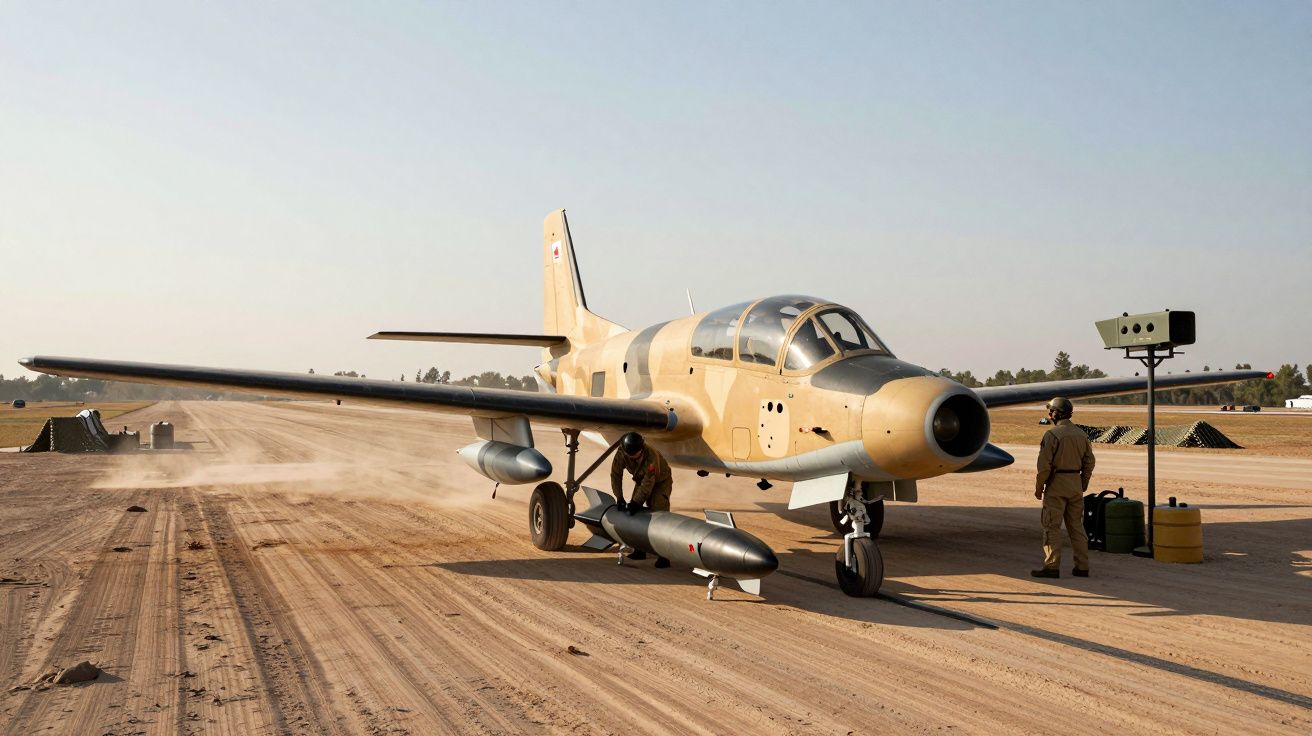 Avião militar camuflado parado em pista de terra com dois soldados e armamento ao lado.
