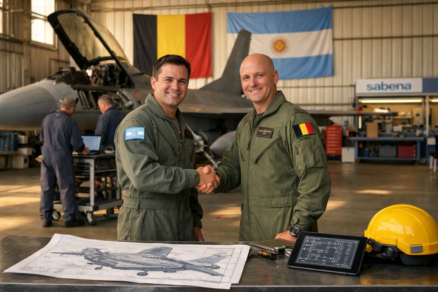 Dois pilotos militares apertam as mãos em frente a um avião num hangar com bandeiras da Argentina e Bélgica.