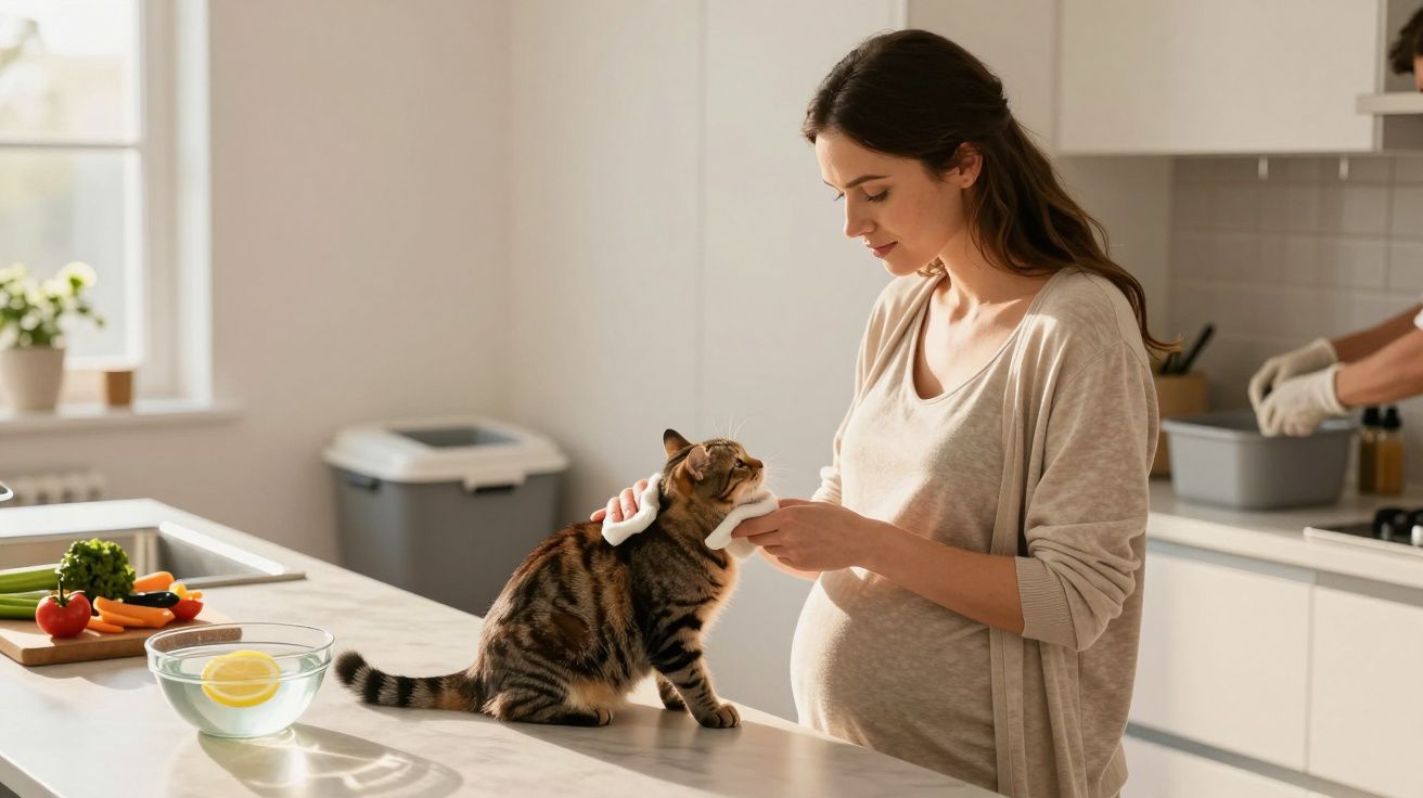 Mulher grávida a limpar um gato numa cozinha iluminada e moderna.