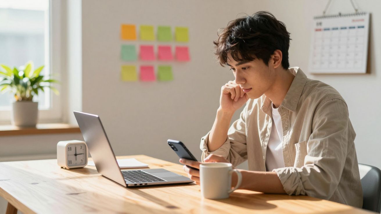 Homem jovem sentado à mesa com computador portátil, a olhar para o telemóvel, com caneca e relógio perto.