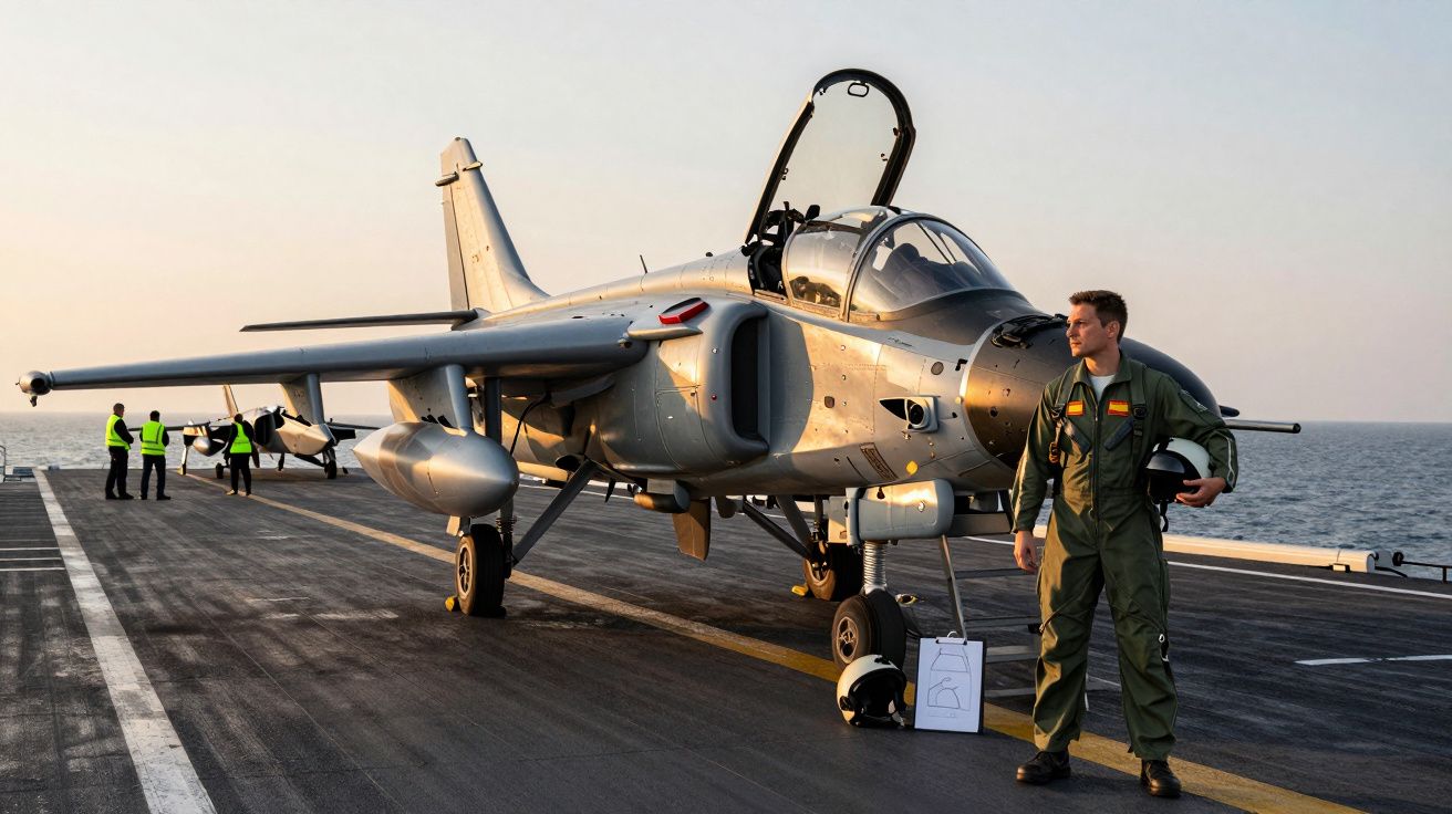 Piloto de fardamento militar ao lado de avião de caça num porta-aviões ao pôr do sol.