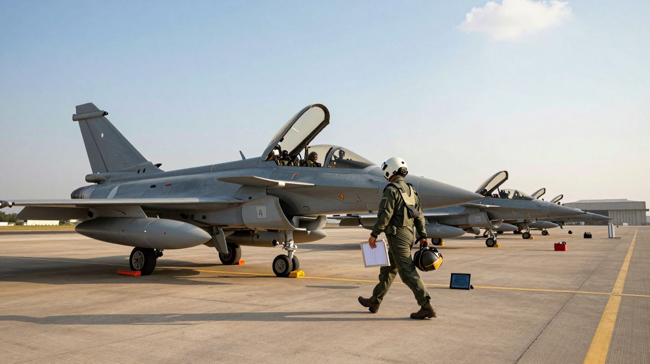 Caça militar estacionado na pista de aeroporto com piloto a caminhar ao lado com capacete na mão.