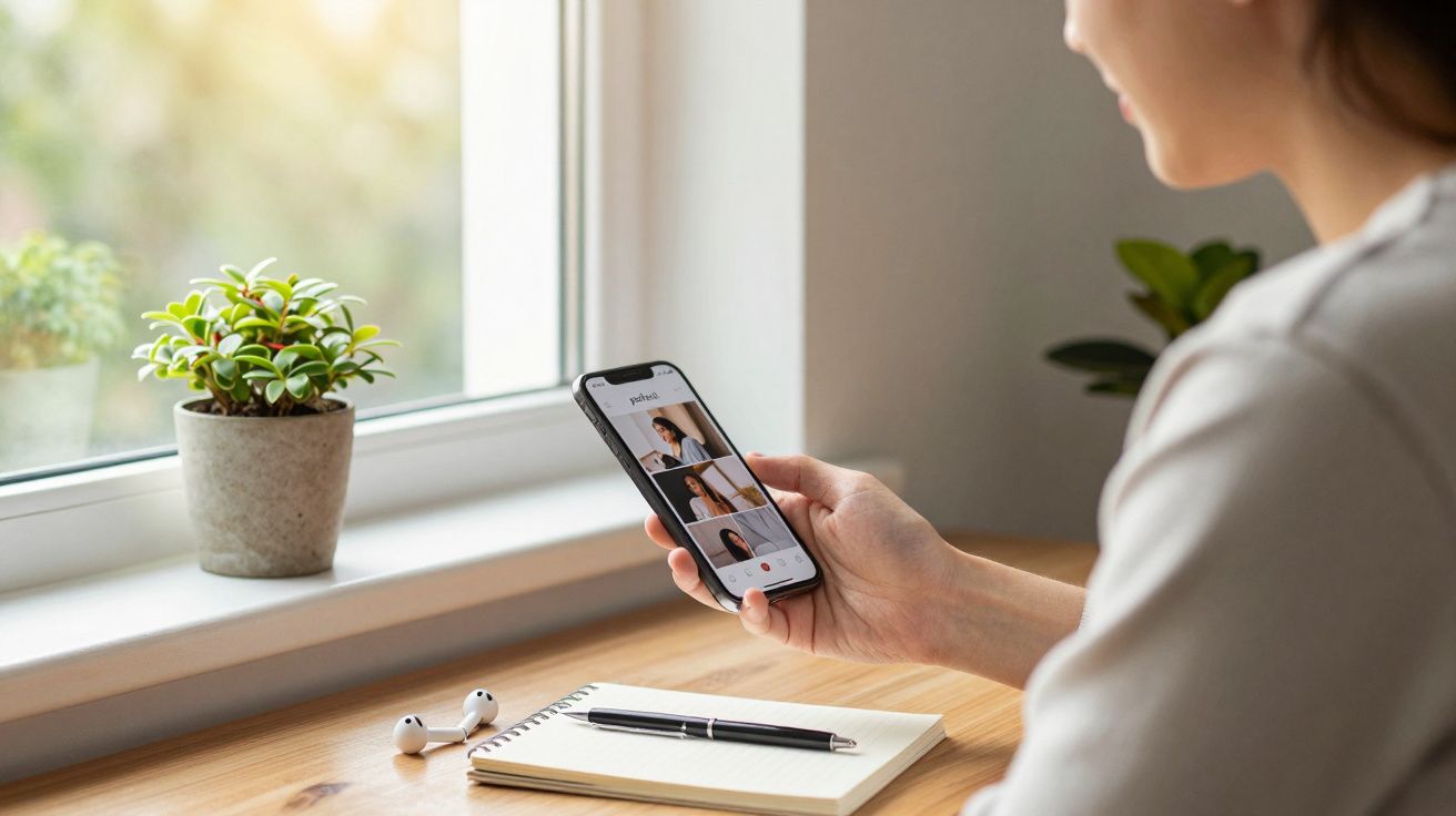 Pessoa a segurar telemóvel com videoconferência, ao lado de caderno, caneta, earbuds e vaso com planta na janela.