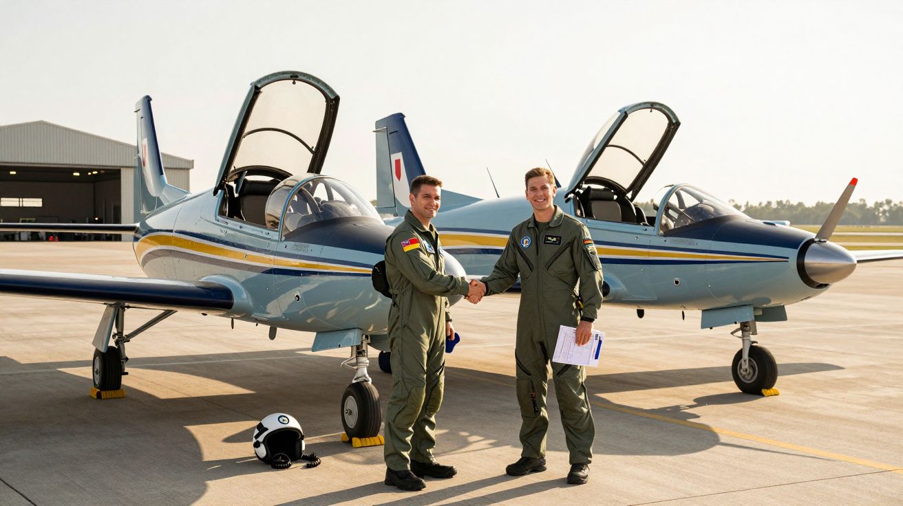 Dois pilotos em fato de voo cumprimentam-se em frente a dois aviões de treino estacionados no aeroporto.