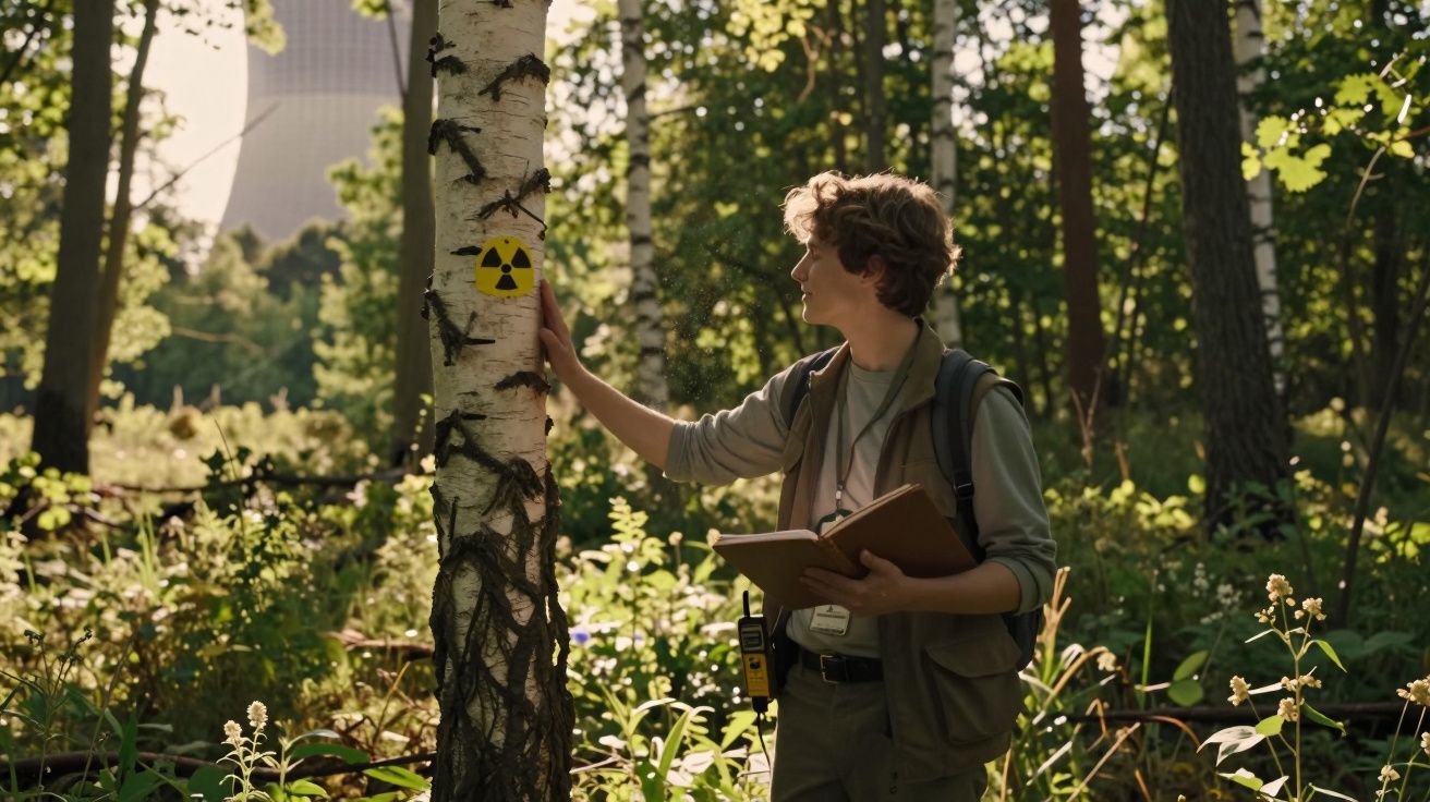 Pessoa jovem com livro e equipamento a tocar em árvore com símbolo de radiação em floresta próxima a central nuclear.