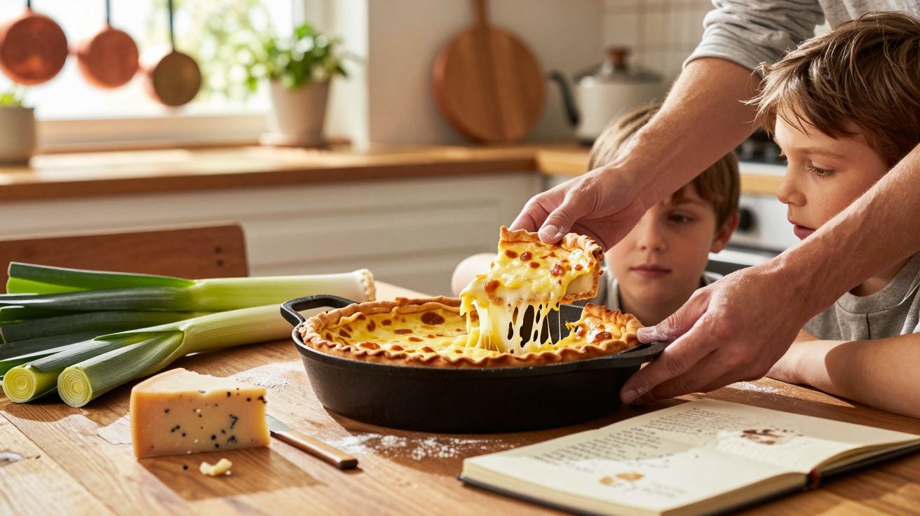 Pai a servir uma fatia de quiche de queijo para dois meninos numa cozinha iluminada.