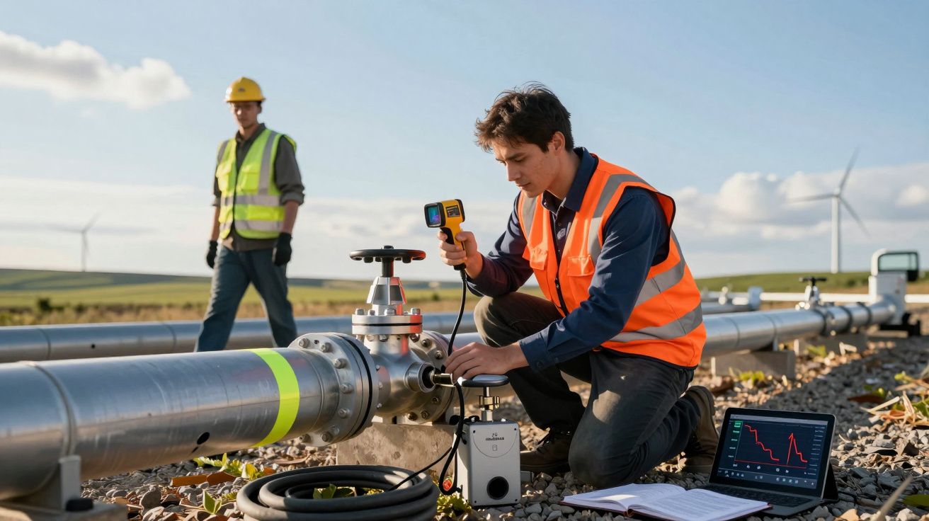 Técnico com colete laranja a inspecionar tubagem industrial ao ar livre, com colega e moinho ao fundo.