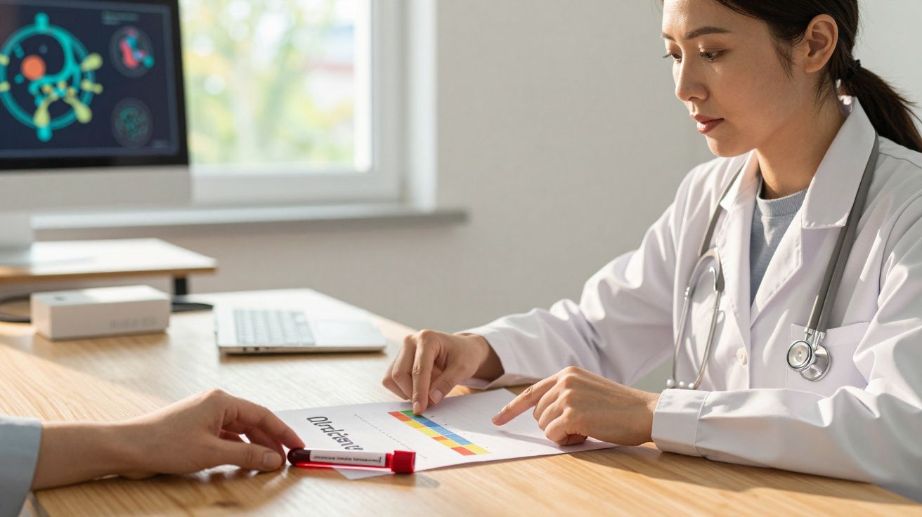 Médica a analisar resultados de exames com paciente, mostrando gráfico colorido numa folha na mesa.