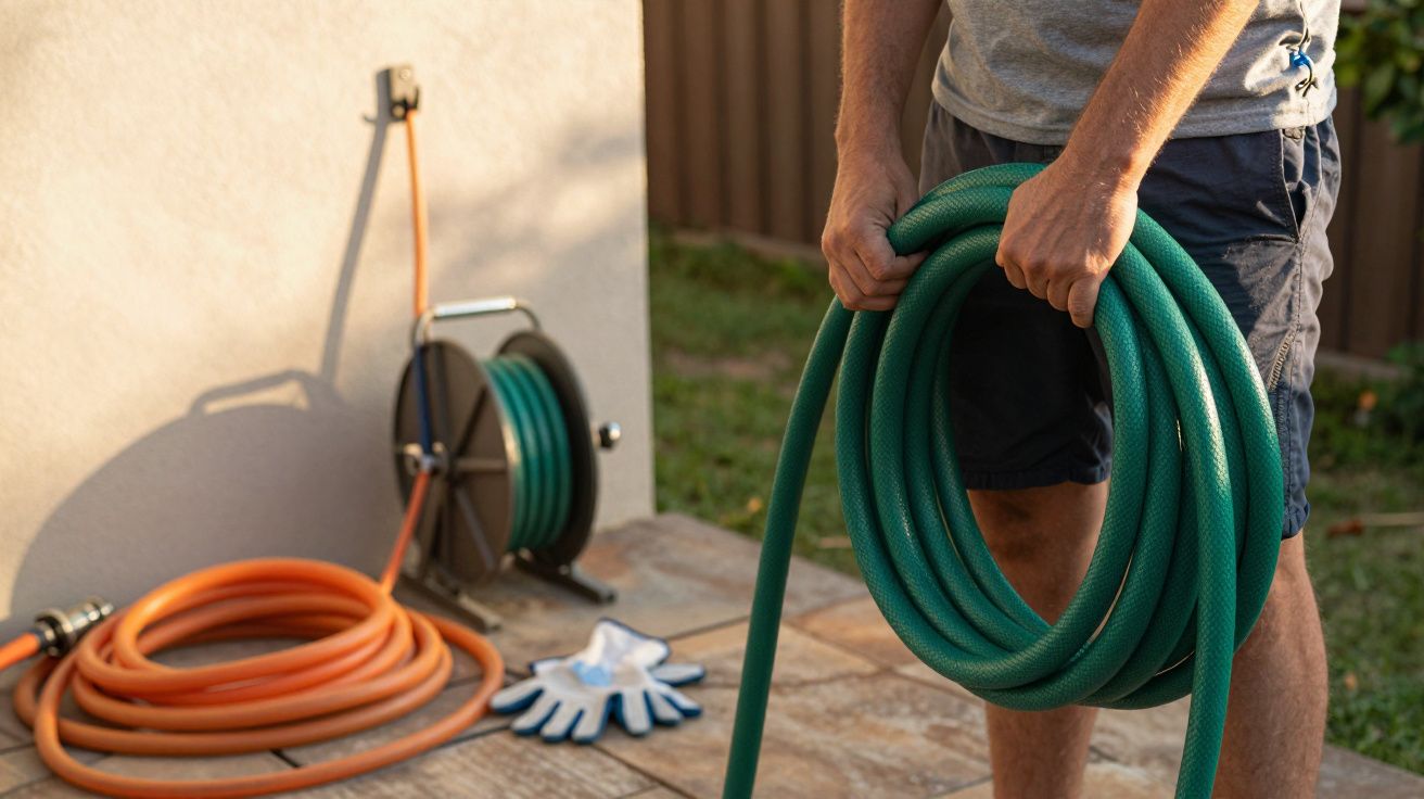 Pessoa enrola mangueira verde na área exterior com mangueira laranja e luvas no chão de azulejo.
