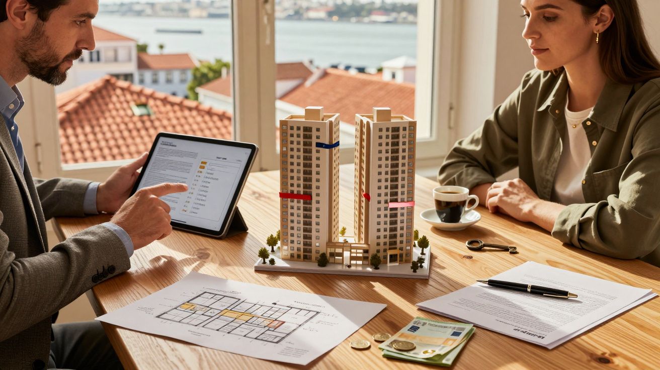 Duas pessoas discutem projecto imobiliário com maquete de prédios, planta, documentos e tablet numa mesa junto a janela.