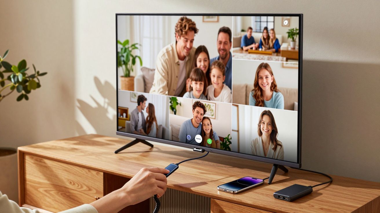 Pessoa a controlar videochamada familiar na televisão com smartphone e dispositivo de ligação numa sala moderna.