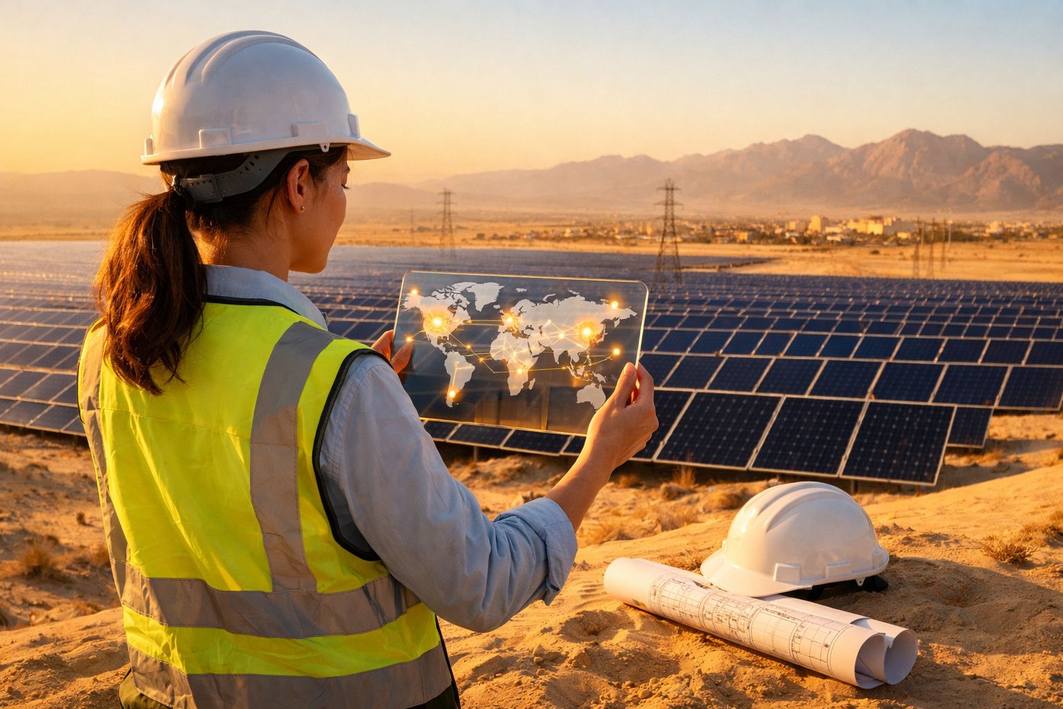 Engenheira a analisar mapa digital de conexões energéticas diante de painéis solares num deserto ao pôr do sol.