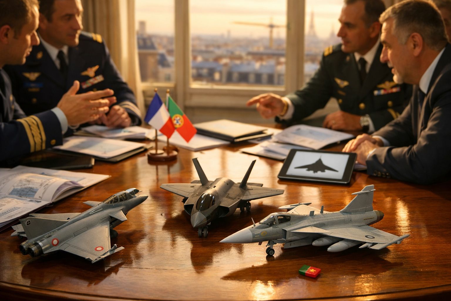 Reunião de oficiais militares com miniaturas de aviões de combate e bandeiras de França e Portugal sobre a mesa.