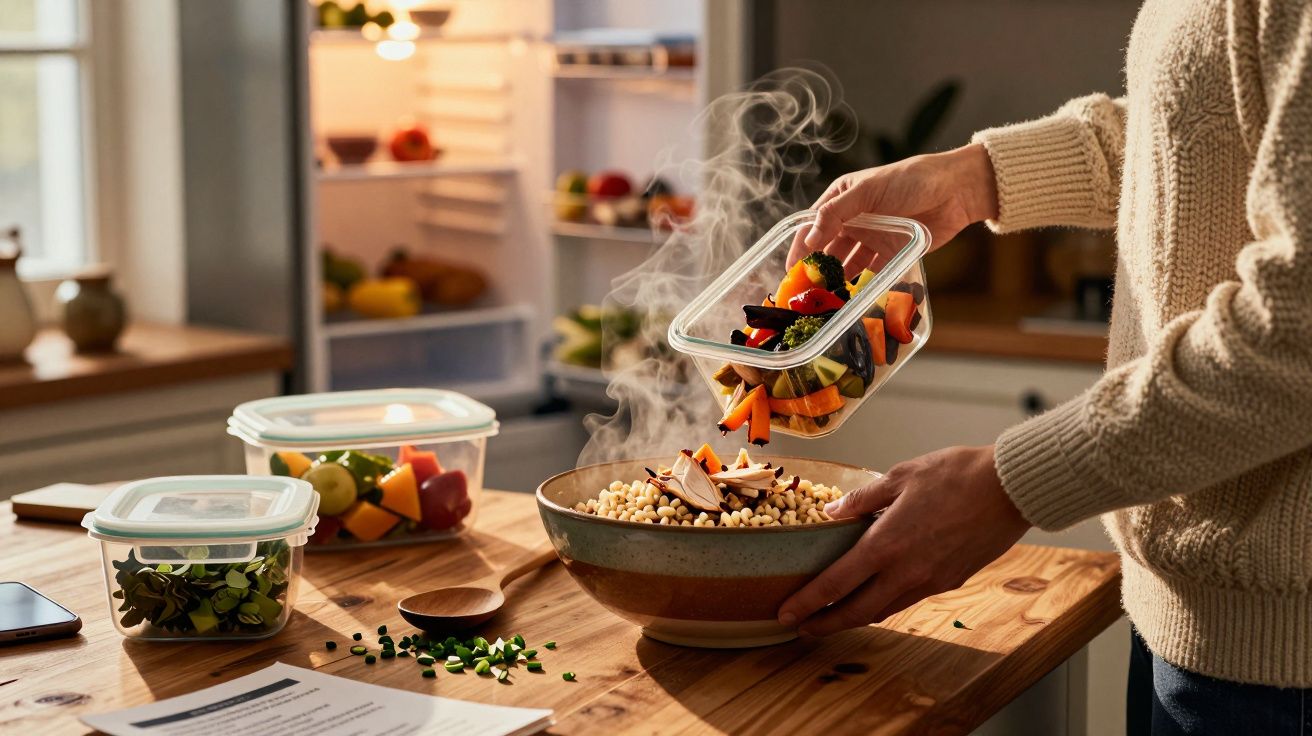 Pessoa a preparar uma salada com legumes frescos numa cozinha aconchegante com luz natural.