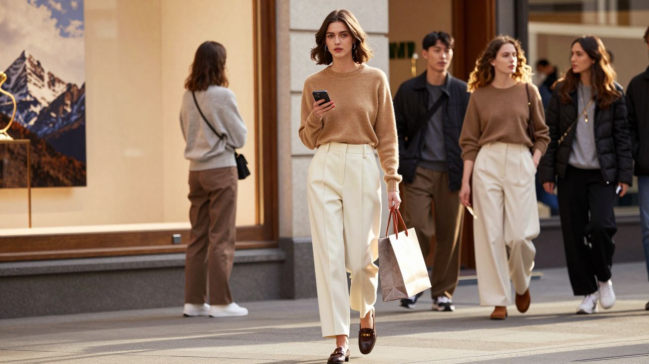 Mulher com camisa castanha e calças claras caminha segurando telemóvel e saco de compras na rua com mais quatro pessoas ao fu