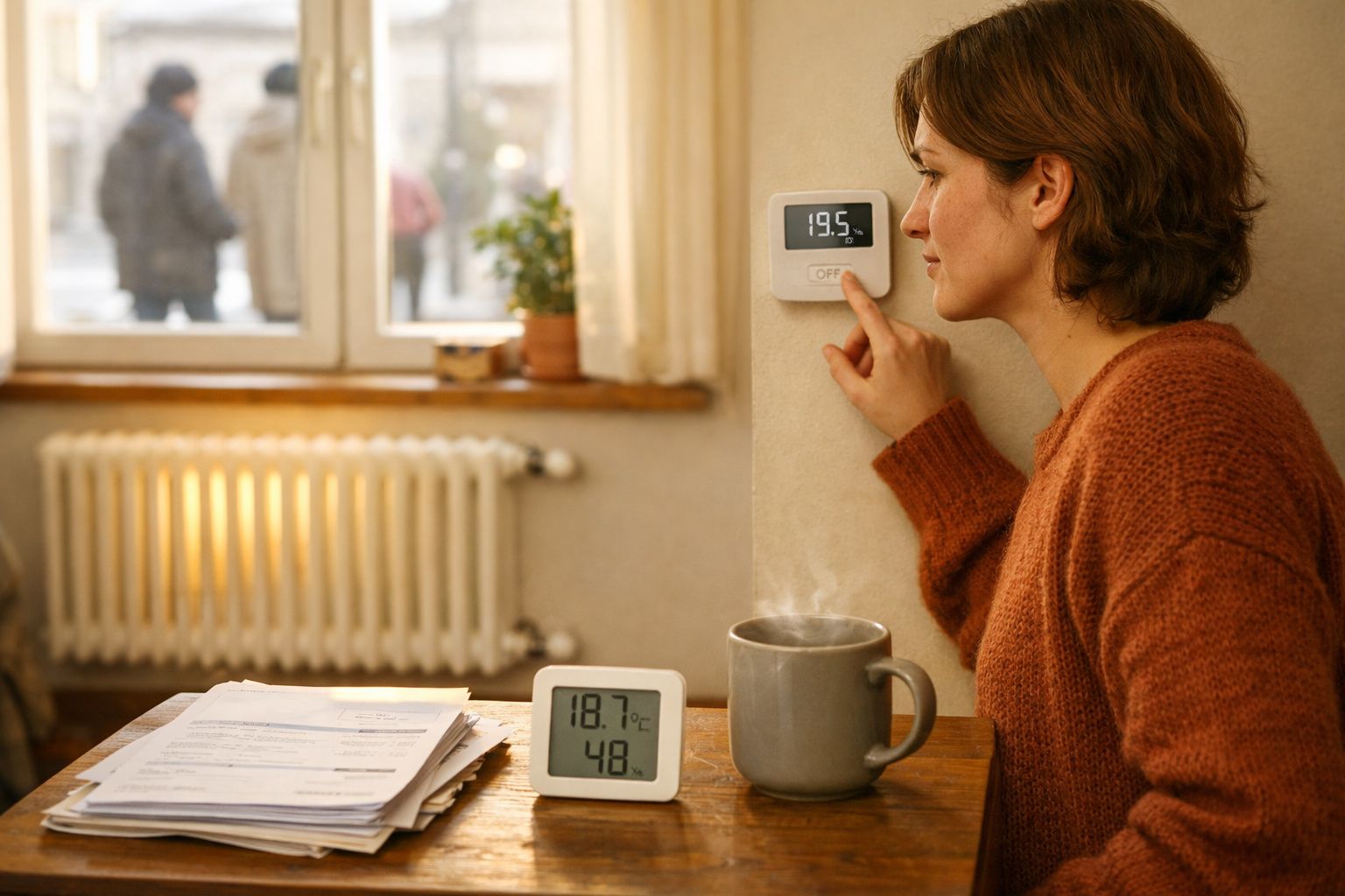 Mulher regula termóstato junto a radiador, com chá quente e medidor de temperatura e humidade numa mesa.