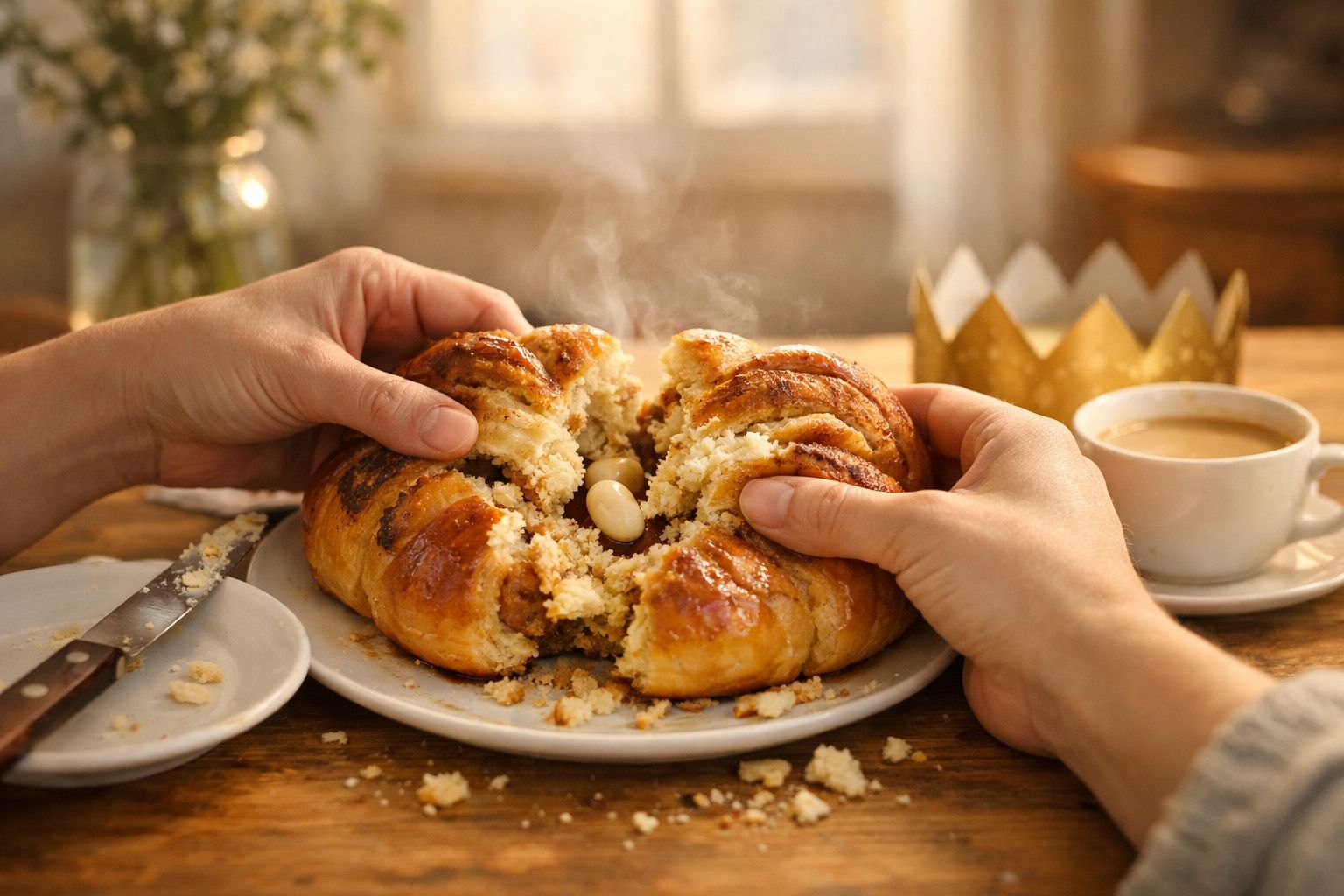 Pessoas partilham um bolo rei com amêndoa oculta no centro, acompanhado de café e uma coroa dourada.