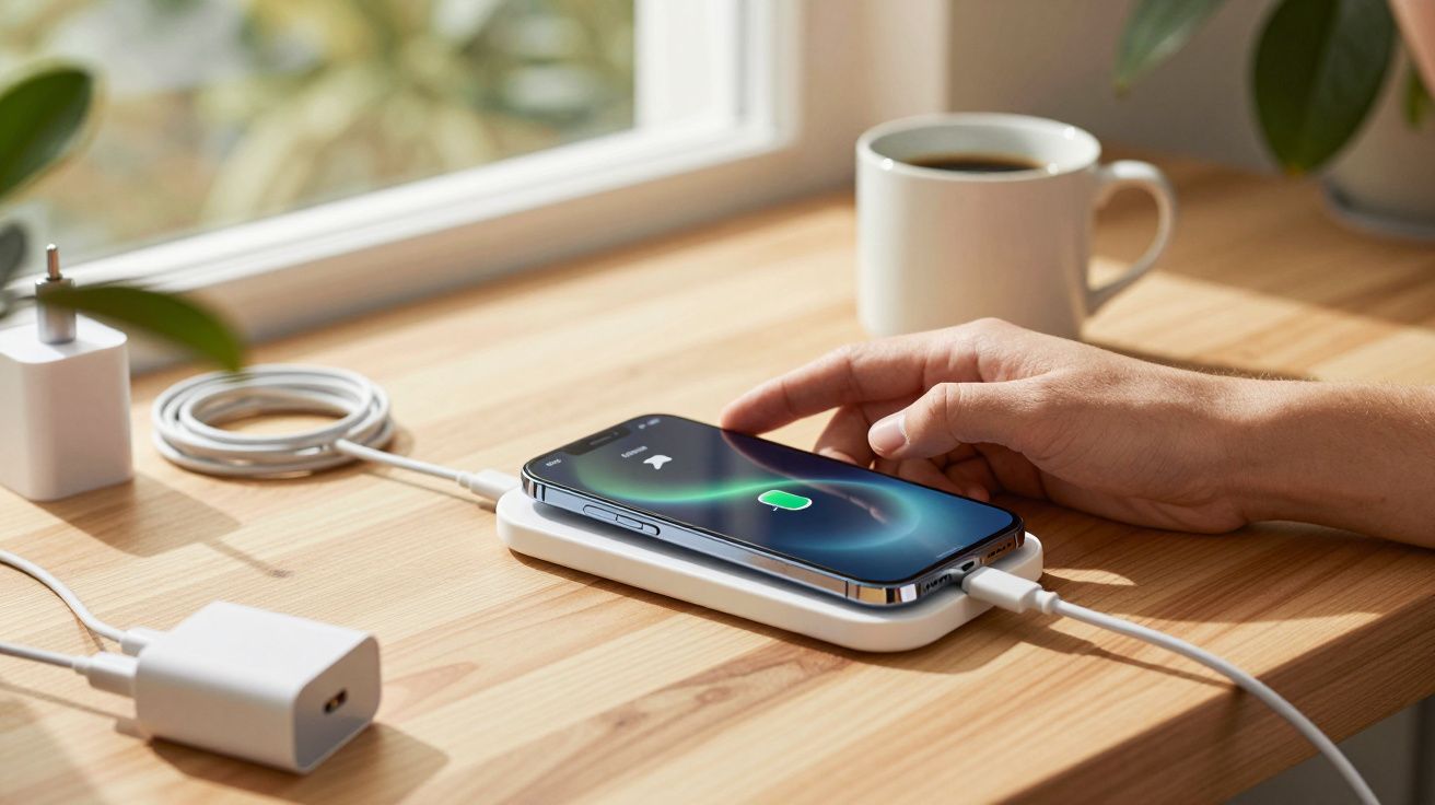 Smartphone a carregar sem fios numa base branca sobre secretária de madeira, com mão e chávena ao fundo.