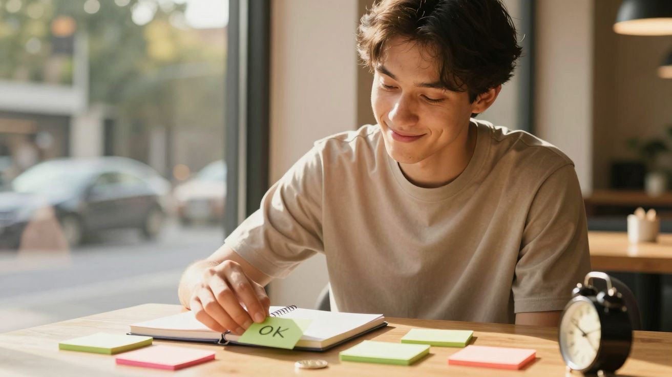Jovem sentado numa mesa a organizar notas autocolantes, segurando uma com a palavra "OK".