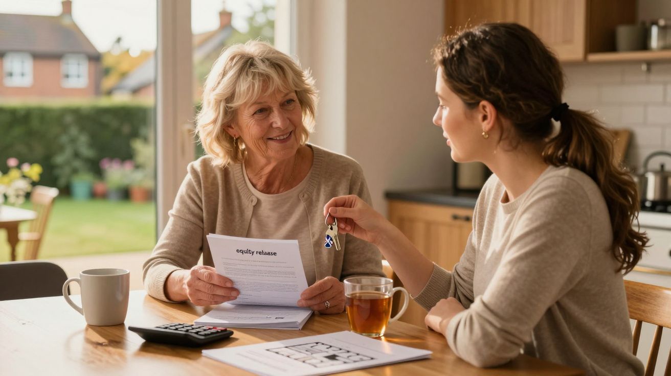 Duas mulheres em diálogo na cozinha, uma entrega as chaves à outra com documentos e chá sobre a mesa.