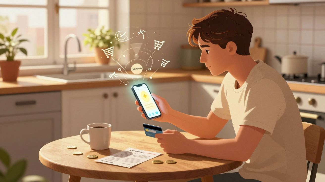 Jovem sentado à mesa na cozinha a usar telemóvel e cartão para compras online com ícones digitais flutuantes.