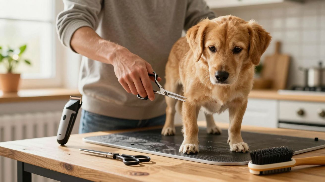 Cão castanho em cima de mesa a ser tosquiado por pessoa com tesoura, ferramentas de tosa ao lado.