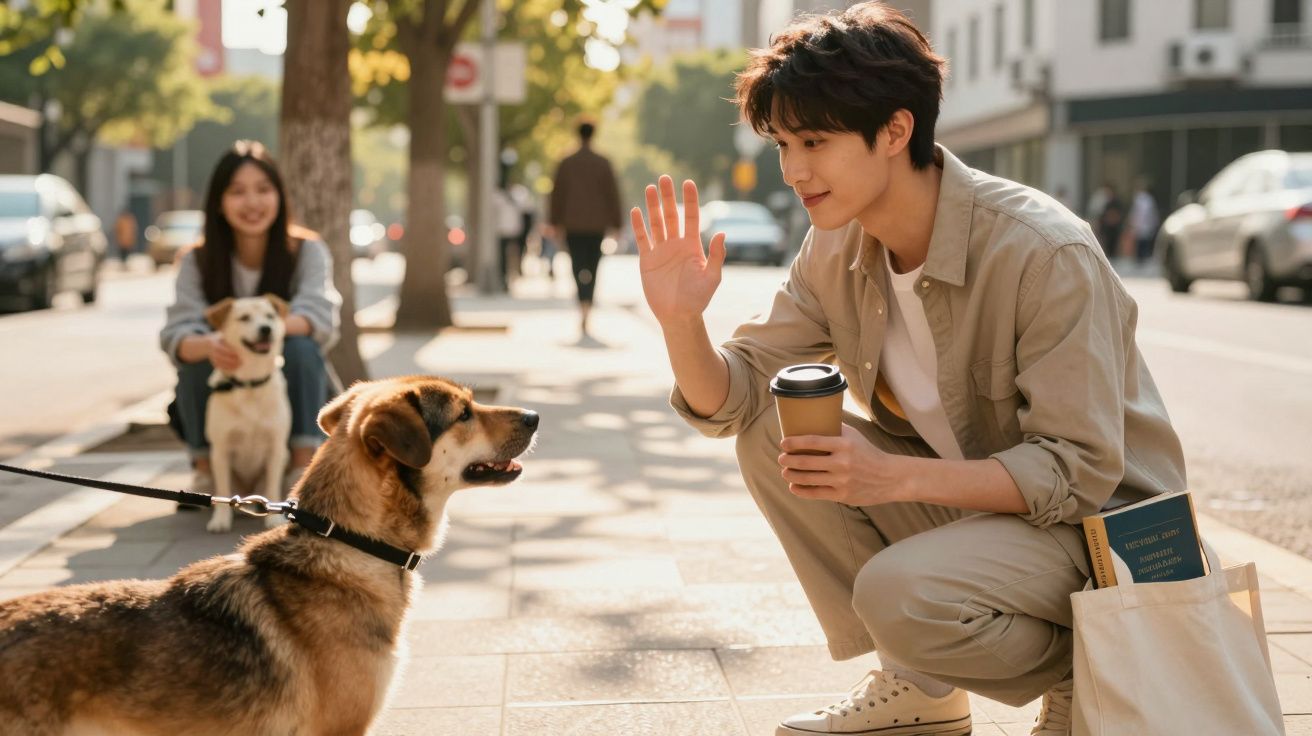 Jovem agachado cumprimenta um cão na rua, com pessoa e outro cão ao fundo num dia ensolarado.