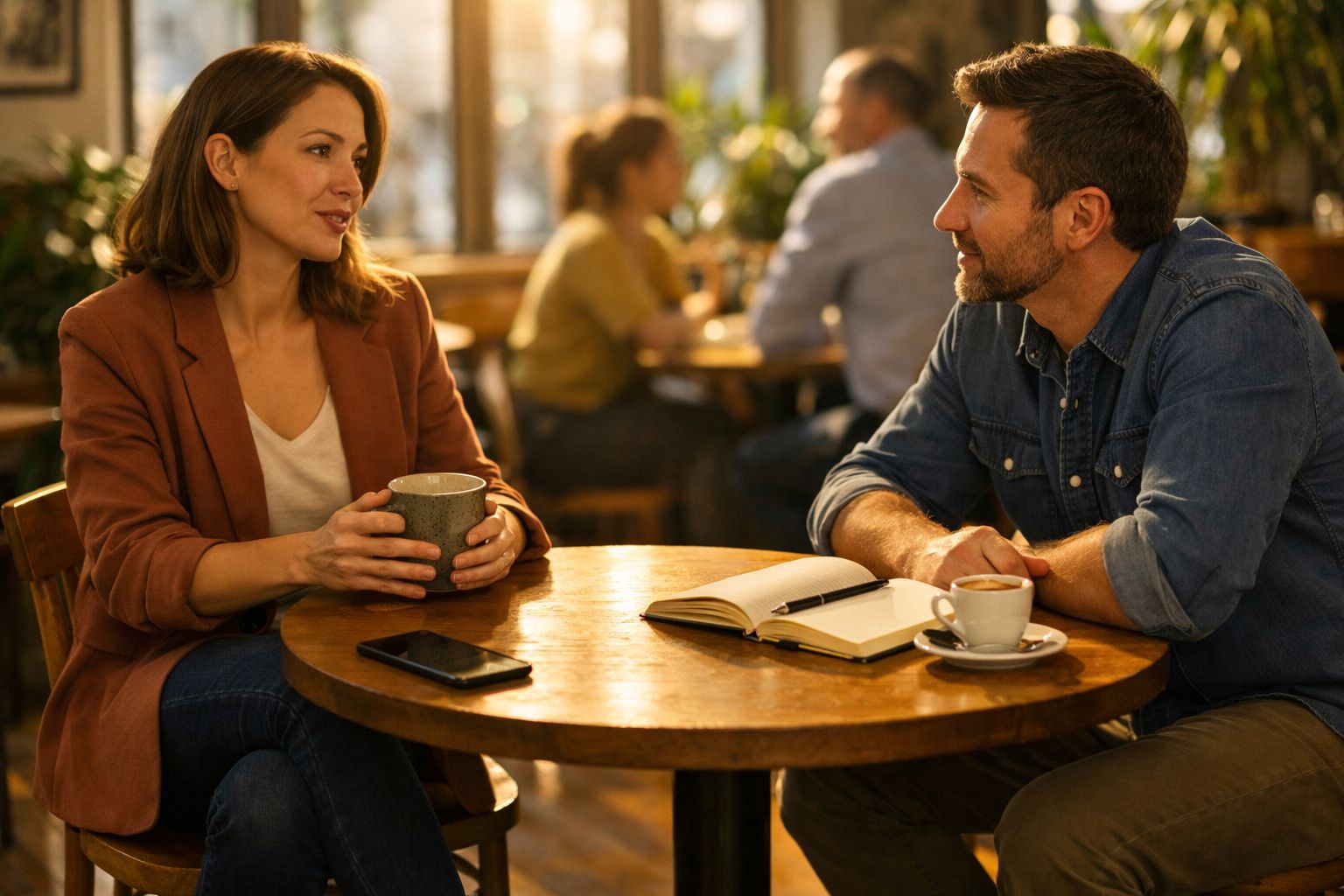Homem e mulher a conversar sentados numa mesa de café com caderno, caneta, telemóvel e bebidas.