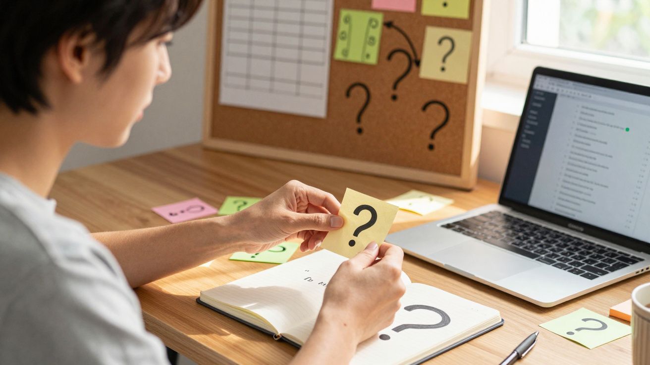Pessoa sentada à secretária a segurar um post-it com ponto de interrogação, rodeada por notas e computador portátil.